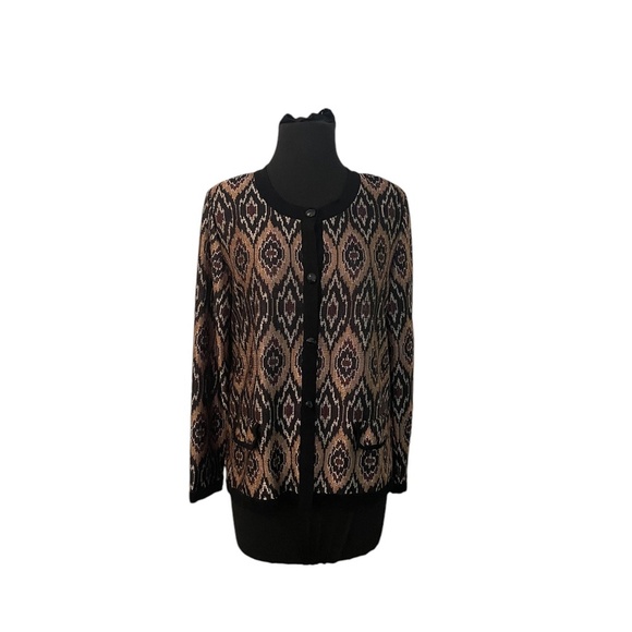 Exclusively Misook Knit Cardigan Sweater Gold Black Ikat Print Button Front Med - Picture 2 of 10